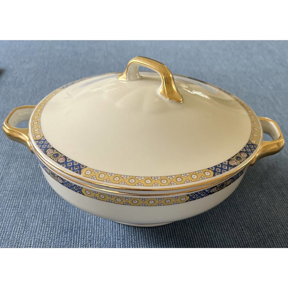 Zeh Scherzer Bavaria - Round Covered Bowl Blue And Yellow Floral Geometric